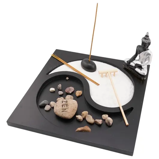 Decoratiune Gradina Zen in miniatura, Suport Yin Yang, Buddha si accesorii, model 1, imagine 2