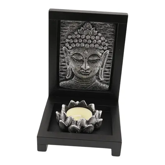 Decoratiune Suport ardere lumanari parfumate, cu floare de lotus si chipul lui Buddha, argintiu, imagine 2
