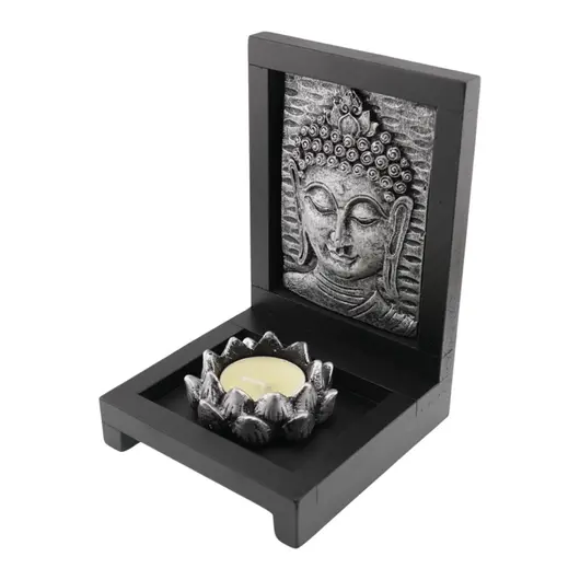 Decoratiune Suport ardere lumanari parfumate, cu floare de lotus si chipul lui Buddha, argintiu
