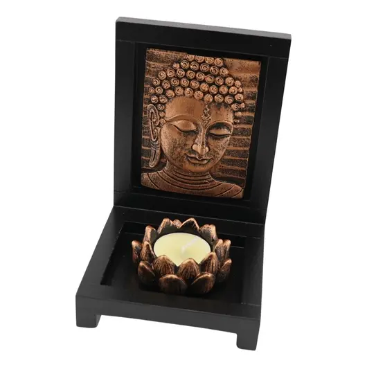 Decoratiune Suport ardere lumanari parfumate, cu floare de lotus si chipul lui Buddha, cupru, imagine 2