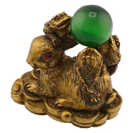 Statueta Feng Shui din rasina cu Iepure cu Broaste Raioase pe monede si pepite, 6cm