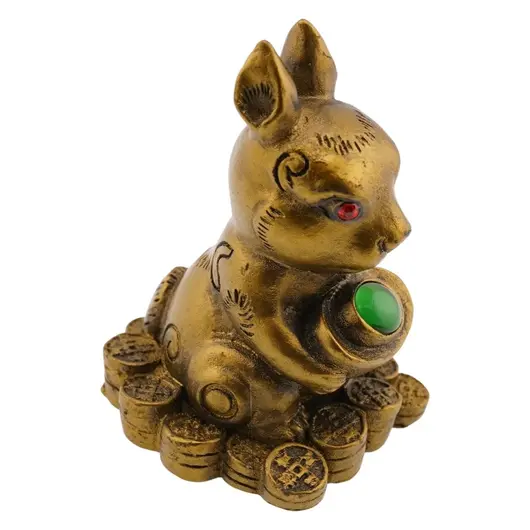 Statueta Feng Shui din rasina cu Iepure pe monede cu pepita si piatra verde, 6,8cm, imagine 2