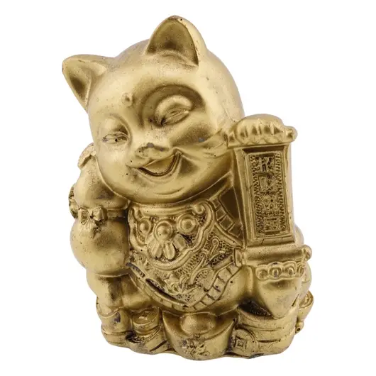 Statueta Feng Shui din rasina cu Pisica Maneki Neko cu mantre si wu lou, 9,3cm