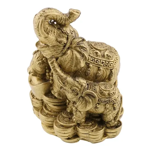 Statueta Feng Shui din rasina cu Elefant cu pui pe monede si pepite, 9,5cm, imagine 2