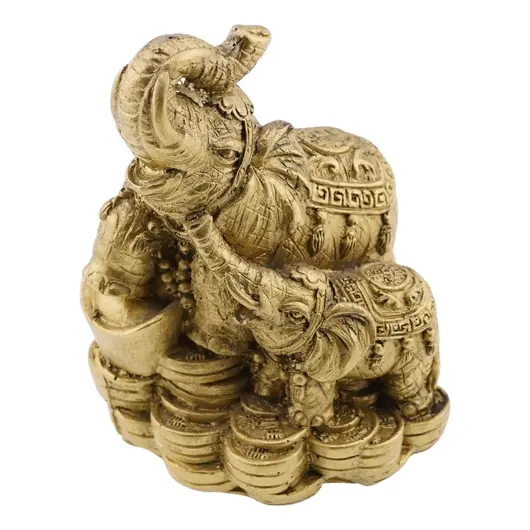 Statueta Feng Shui din rasina cu Elefant cu pui pe monede si pepite, 9,5cm