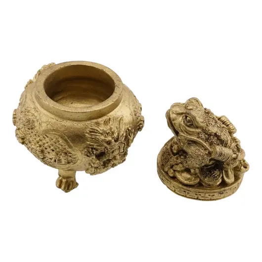 Statueta Feng Shui din rasina cu Vasul prosperitatii cu Broasca Raioasa si monede, 8cm, imagine 2