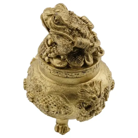 Statueta Feng Shui din rasina cu Vasul prosperitatii cu Broasca Raioasa si monede, 8cm