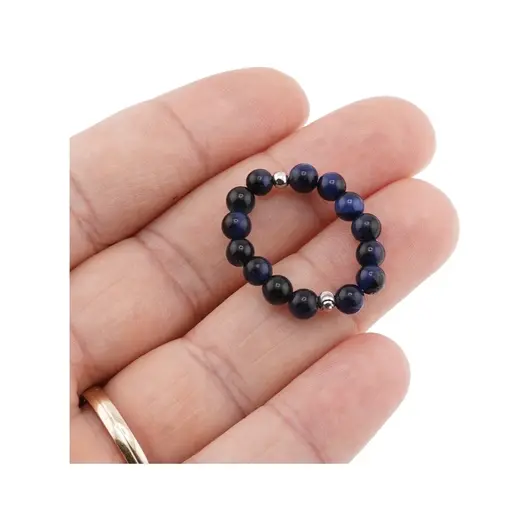 Inel pe elastic cu ochi de tigru albastru si argint 925, sfere 4mm, imagine 3