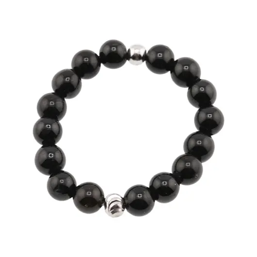 Inel pe elastic cu turmalina neagra si argint 925, sfere 3mm