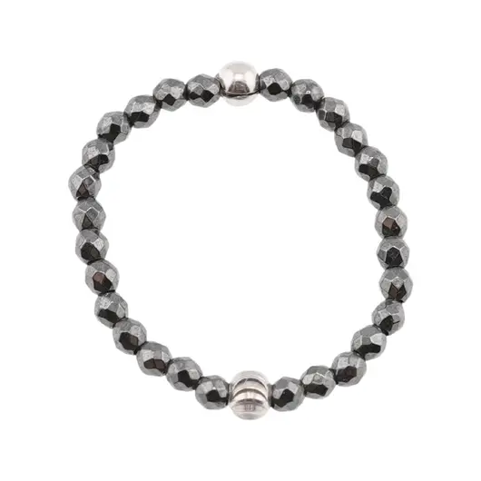 Inel pe elastic cu hematit si argint 925, sfere fatetate 2mm