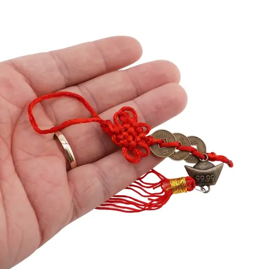 Amuleta Feng Shui cu 3 monede, pepita si nod mistic rosu, imagine 2