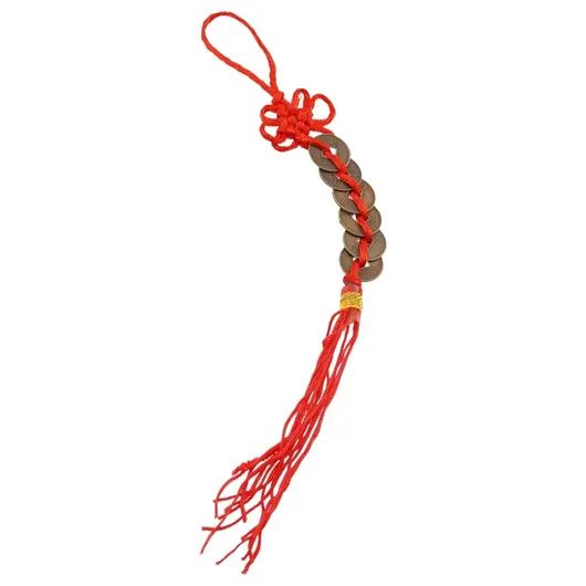 Amuleta Feng Shui cu 6 monede mici si nod mistic rosu
