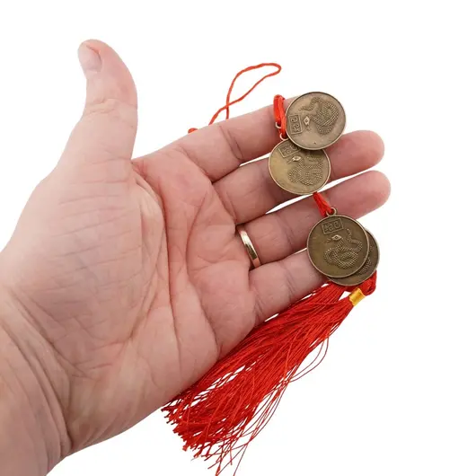 Amuleta Feng Shui cu 6 monede simbol sarpe si nod mistic rosu, imagine 2