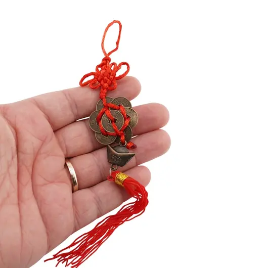 Amuleta Feng Shui cu 8 monede, pepita si nod mistic rosu, imagine 2