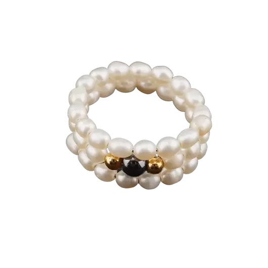Inel reglabil din perle de cultura albe, metal auriu si hematit, 3-4mm