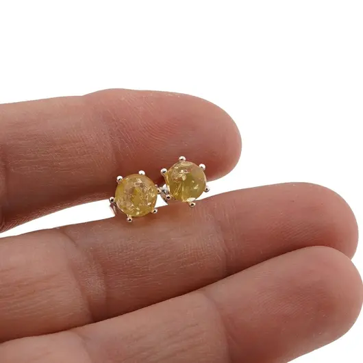 Cercei cu surub chihlimbar 6mm cu montura din argint, lamaie, imagine 3