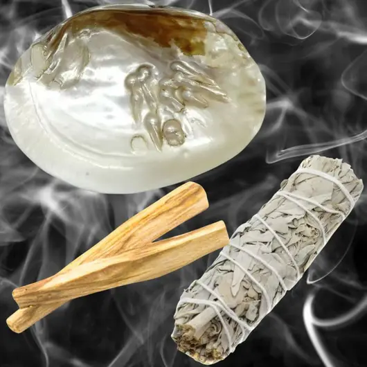 Setul Samanului (Palo Santo, Salvie alba si Scoica naturala cu perle), imagine 2