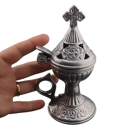 Vas pentru ardere tamaie si ierburi, metal argintiu, 15cm, imagine 3