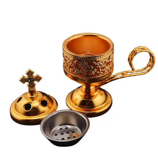 Vas pentru tamaiat si ars, din metal auriu, 13cm, imagine 2