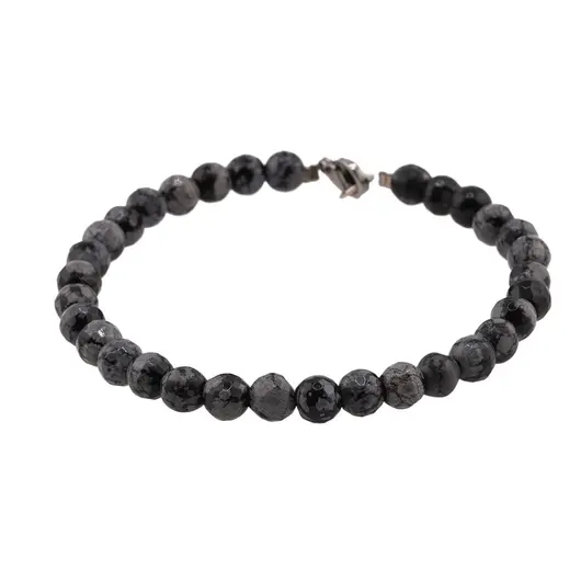 Bratara obsidian fulg de nea sfere fatetate 6mm, imagine 2