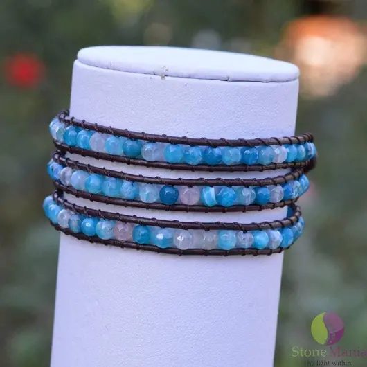 Bratara wrap 3x cu agat albastru fatetat