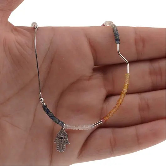 Colier cu discuri de Safir multicolor, Diamant Herkier si pandantiv Hamsa argint 925, imagine 4