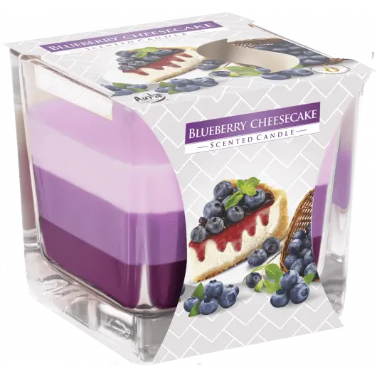 Lumanare parfumata Bispol in trei culori, pahar patrat - Blueberry Cheesecake