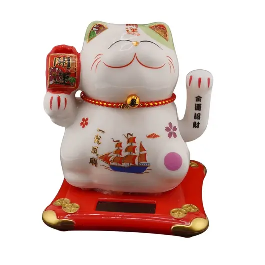Pisica norocoasa Maneki Neko alba pe suport solar, 10cm, imagine 2