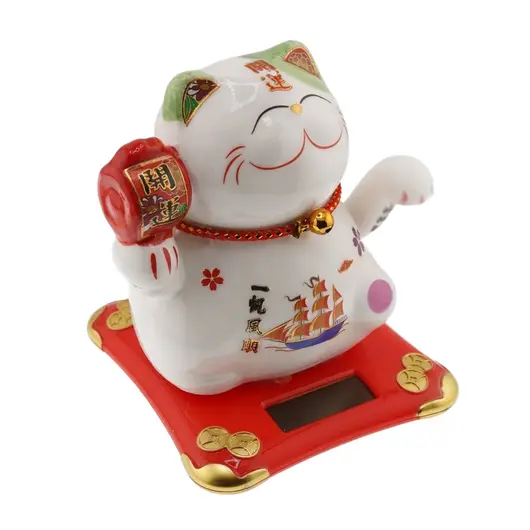 Pisica norocoasa Maneki Neko alba pe suport solar, 10cm, imagine 3