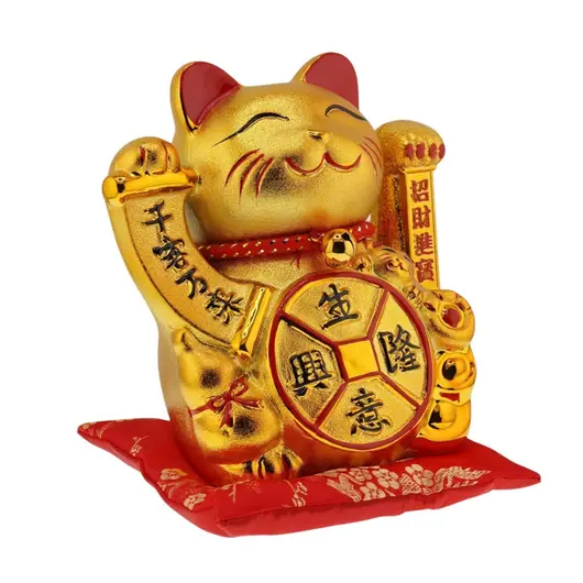 Pisica norocoasa Maneki Neko aurie cu moneda si simboluri feng shui pe perna - 16cm, imagine 2
