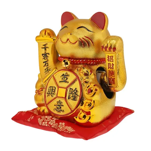 Pisica norocoasa Maneki Neko aurie cu moneda si simboluri feng shui pe perna - 16cm, imagine 3