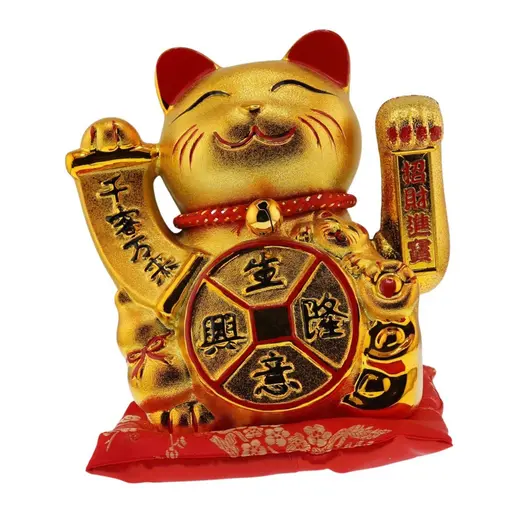 Pisica norocoasa Maneki Neko aurie cu moneda si simboluri feng shui pe perna - 16cm