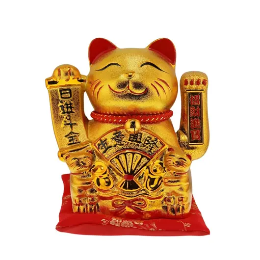Pisica norocoasa Maneki Neko aurie cu pui si evantai pe perna - 16cm, imagine 2