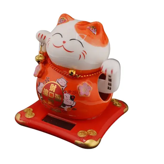 Pisica norocoasa Maneki Neko rosie pe suport solar, 10cm, imagine 2