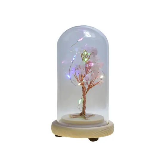 Copac in cupola de sticla cu lumina multicolora, cristal natural Cuart roz, 13cm, imagine 2