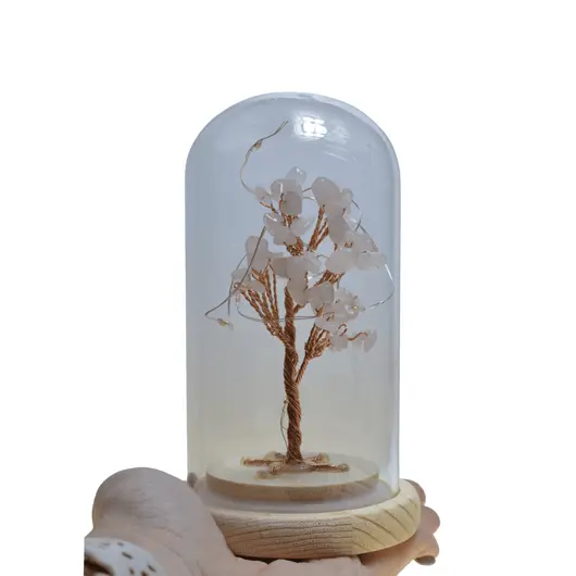 Copac in cupola de sticla cu lumina multicolora, cristal natural Cuart roz, 13cm, imagine 4