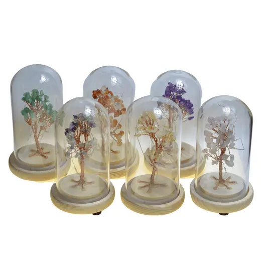Copac in cupola de sticla cu lumina multicolora, cristal natural Cuart roz, 13cm, imagine 5