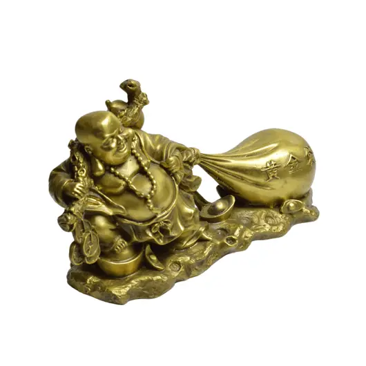 Statueta Feng Shui din alama Buddha vesel cu sac de bani, 22cm, imagine 2