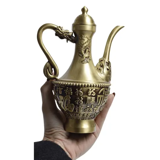 Statueta Feng Shui din alama vas pentru ceai cu simboluri chinezesti, 19cm, imagine 4