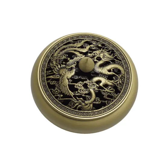 Vas din bronz pentru ardere tamaie si ierburi parfumate cu Dragon si pasarea Pheonix Premium, 9cm, imagine 3