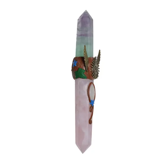 Bagheta din cristal natural Cuart roz si Fluorit cu soare auriu, 21,5cm, imagine 4