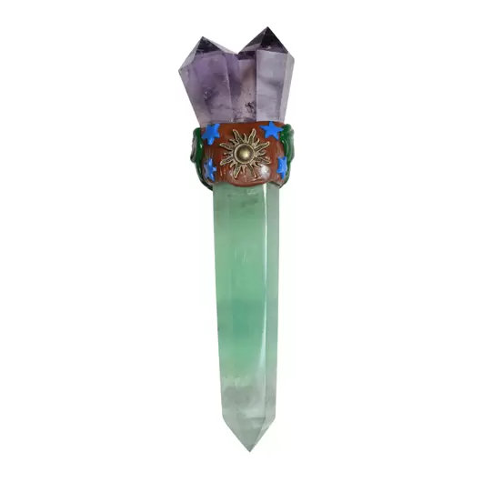 Bagheta din cristal natural Fluorit si Ametist cu dragon, 19cm, imagine 3