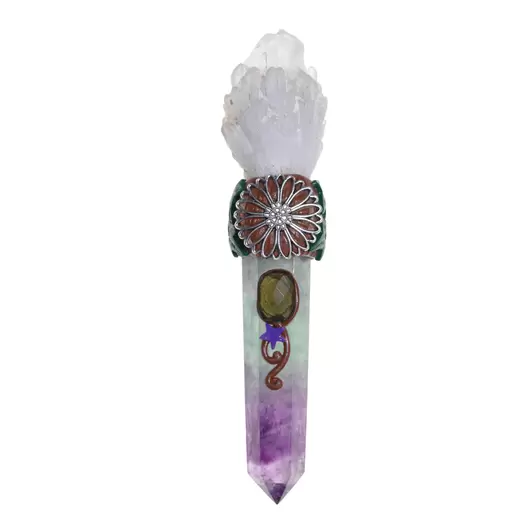 Bagheta din cristal natural Fluorit si Cristal de stanca cu margareta, 19cm