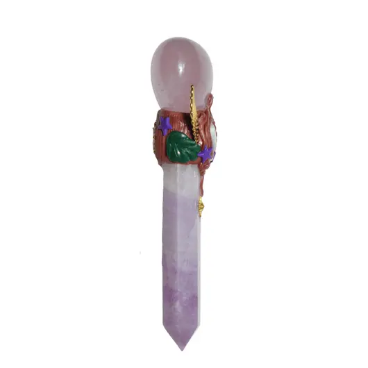 Bagheta din cristal natural Fluorit si Cuart roz inima cu aripi, 17,8cm, imagine 2