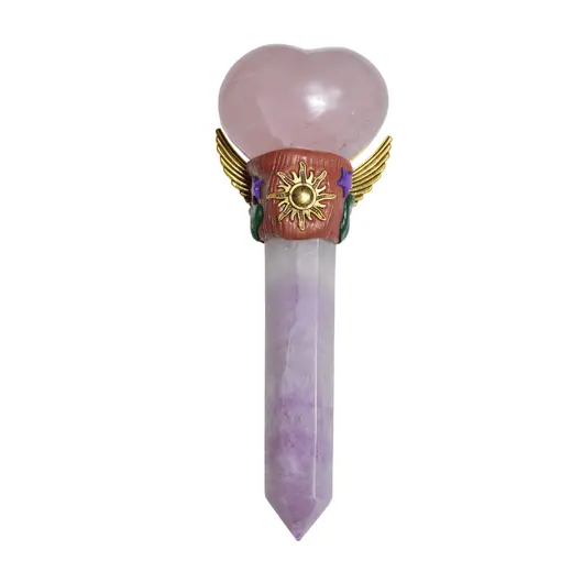 Bagheta din cristal natural Fluorit si Cuart roz inima cu aripi, 17,8cm, imagine 3