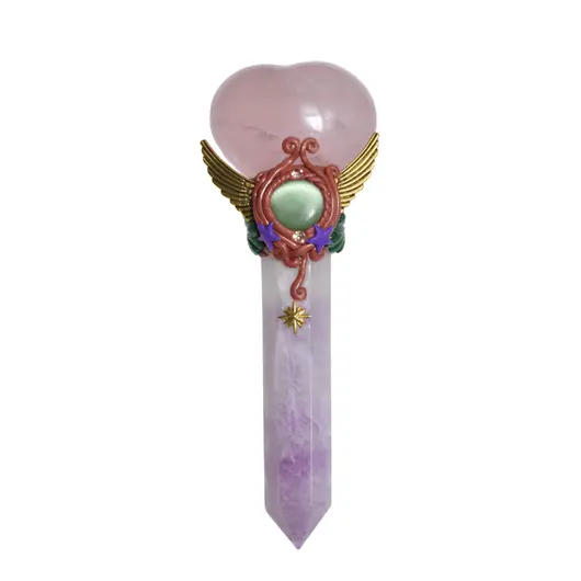 Bagheta din cristal natural Fluorit si Cuart roz inima cu aripi, 17,8cm