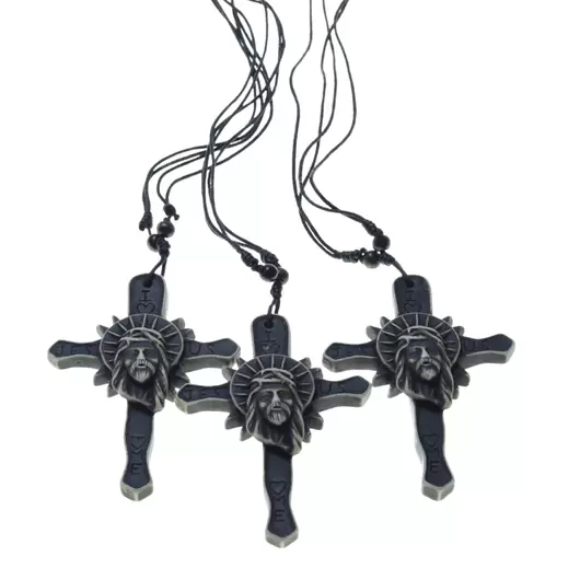 Colier cu snur reglabil imitatie os, model cruce cu chipul lui Isus, 95mm, imagine 3