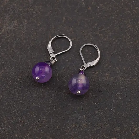 Cercei cu agatatoare agat mov, sfere de 10mm si 4mm