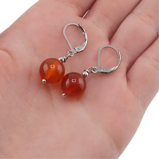Cercei cu agatatoare carneol, sfera de 11mm si bumb gravat, imagine 3
