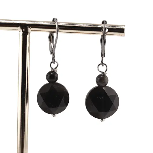 Cercei cu agatatoare obsidian auriu, banut fatetat de 12mm si sfera de 4mm, imagine 2
